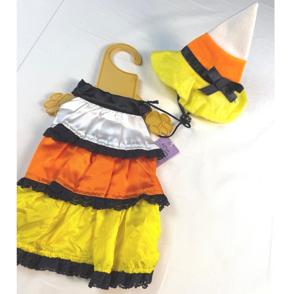 Pet Halloween Costume XS Candy Corn Witch Dress Hat Set with hangar NWT